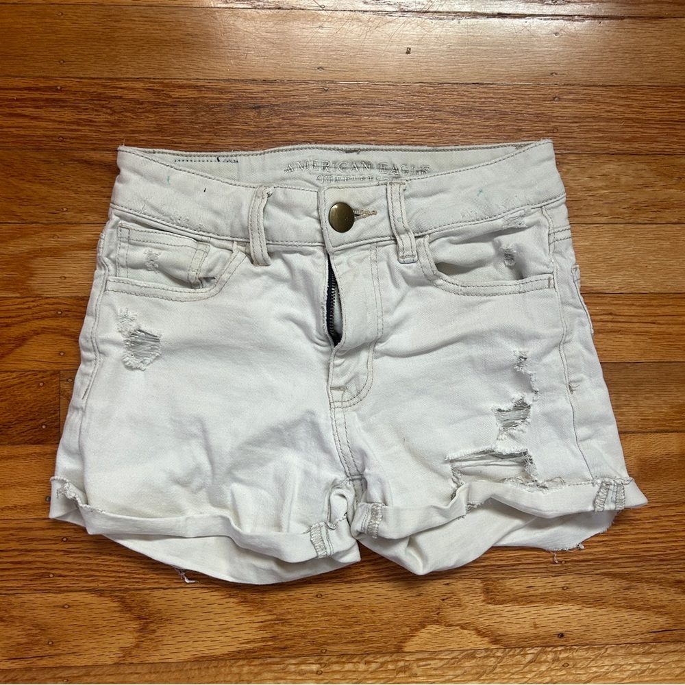 American Eagle Outfitters Cream Distressed Jean Shorts